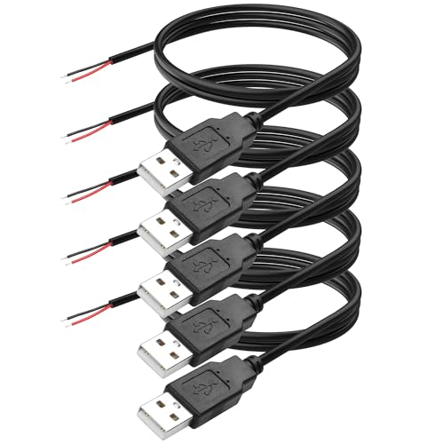 YAODHAOD USB A auf blankes Kabel 5 Stück, 1M 22AWG 5V 3A, für Strom- und Datenübertragung, Pigtail, Reparaturdose am Schwanz,Kabel,DIY (Netzkabel 22AWG, USB A Stecker) von YAODHAOD