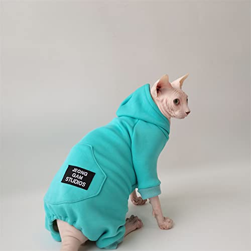 YAOER Sphinx Haarlose Katze Devon Kleidung Katzenkleidung Bequeme Herbst- und Winterkleidung Plus Samt Warme Kapuzenkleidung für 4 Beine, Lake Blue, L von YAOER