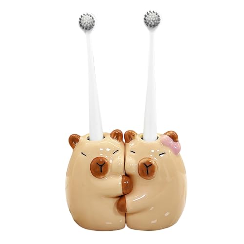 Capybaras Badezimmer-Organizer, Tier-Zahnbürstenhalter-Set aus Keramik, für Arbeitsplatten und den Schreibtisch zu Hause, 2 Stück, Keramik-Tier-Zahnbürstenhalter für Kinder von YAOGUI