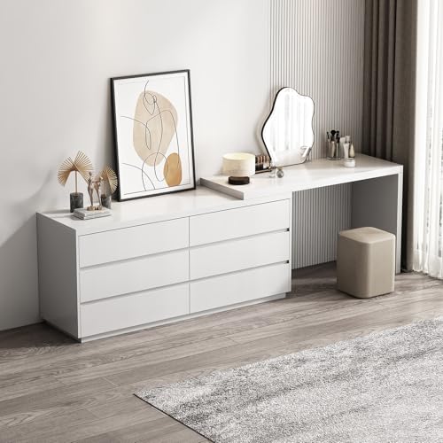 YAONJS Massivholz-Schlafzimmer-Schminktisch Mit Sechs Schubladen, Einfacher Moderner Schminktisch, Ausziehbarer Eckbett-Aufbewahrungsschrank(140cm) von YAONJS