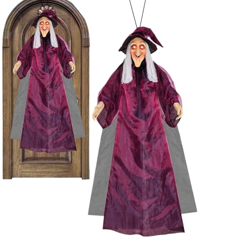 YAOPIU Hexendekor Für Draußen - Halloween Hängende Gruselige Sprechende Hexe Mit Leuchtenden Augen Für Außenbereich | Gruselige Deko Für Party Garten Spukhaus Zuhause Escape Room von YAOPIU