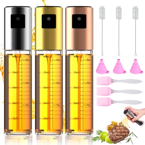 3 Stück 100 ml Ölsprüher zum Kochen Öl sprühflasche Ölsprüher für Speiseöl Transparen Glas Ölspray Zum Kochen Öl Sprühflasche Essig und Ölflaschen Set mit Backpinsel Flaschenbürste und Öltrichter von YAOSHENGUP