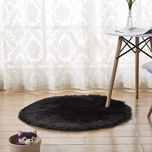 Faux Lammfell Schaffell Teppich für Stuhl Sofa Wohnzimmer Schlafzimmer Runder Longhair Fell Optik Nachahmung Wolle Teppich für Home Decorator Schwarz Diameter 80CM von YAOTT