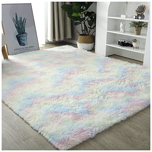 YAOTT Soft Area Rug Schlafzimmer Shaggy Plüsch Teppich Bunte Batik Faux Flauschiger Moderne Innenteppiche Bequeme Matte Für Kinder Teppich Wohnzimmer,Regenbogen,100X160 von YAOTT