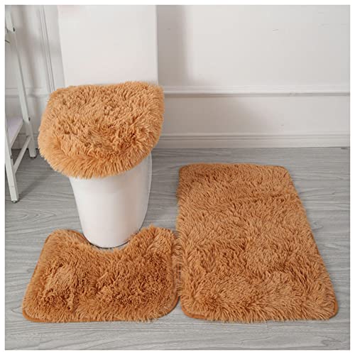 YAOTT Badezimmer Vorleger 3-Teiliges rutschfeste Mikrofaser Shaggy Soft Bath Duschmatten Dusch Matte Teppich Waschbar Wc-Abdeckung Badteppich-Set,Khaki,3PCS von YAOTT