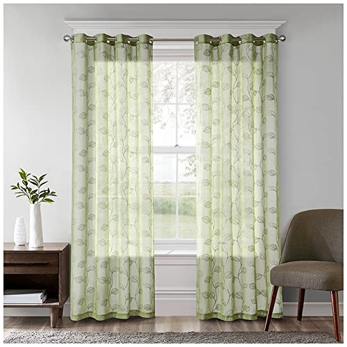 YAOTT Sheer Vorhang Voile Blumen Stickerei Vorhänge mit Ösen transparent Gardine Ösenvorhang Gaze paarig schals Dekoschal Fensterschal für Wohnzimmer Schlafzimmer,Grün,(132x214cm)(1 Stück) von YAOTT