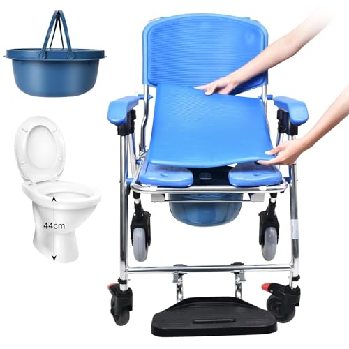 YAOYAOO Toilettenstuhl für Senioren mit Rollen, Duschstuhl Toilettenstuhl mit Rollen Klappbar, Fahrbar Toilettenstühle mit Armlehne und Duschsitz, Maximale Tragfähigkeit 150kg von YAOYAOO