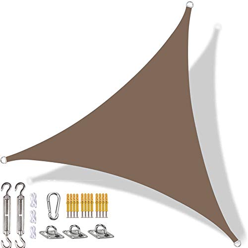 YAOYI Dreieckiges Sonnensegel, wasserdicht, UV-Schutz, für Garten, Terrasse, Hof, Party, mit Befestigungsset und Seil (5 x 5 x 7 m, braun) von YAOYI