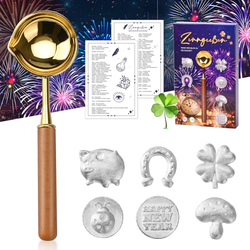 YAOZUP Zinngießen Silvestergießen, Premium Zinngießen mit 6 Zinnfiguren 1 Löffel Anleitung Orakelheft, Zinn Giessen Silvester, Zinn Set zu gießen für Silvester Wahrsagerei, Partyspiele Silvester von YAOZUP