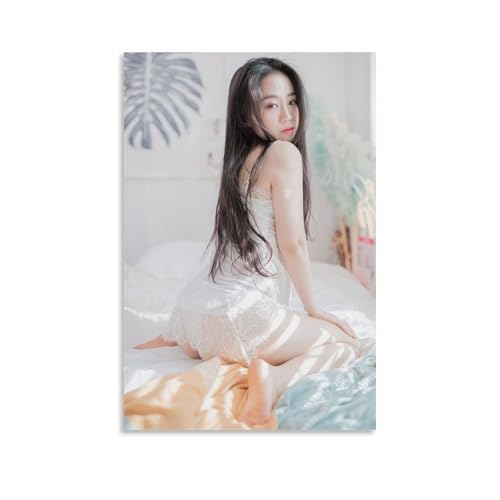 YAPING Asian Girl in A Dress Kneeling on The Bed Porch 24x36inch(60x90cm) von YAPING