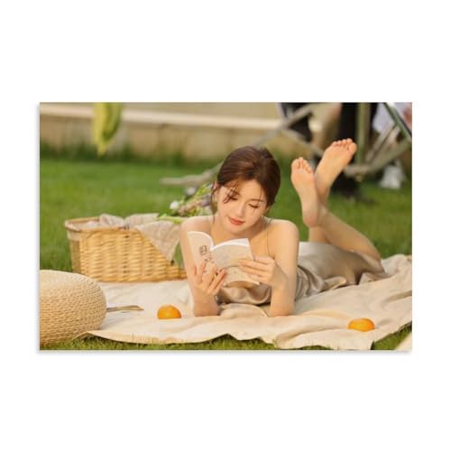 YAPING Girl Lying on Blanket on Grass And Reading Book Modern Home Kitchen Dormitory Kids Room Mural 16x24inch(40x60cm) von YAPING