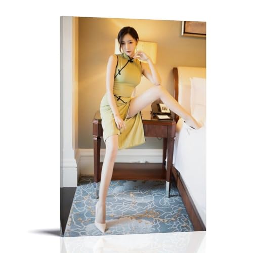 YAPING Girl in Sexy Cheongsam Sitting on The Table with Legs Open Canvas Print 08x12inch(20x30cm) von YAPING