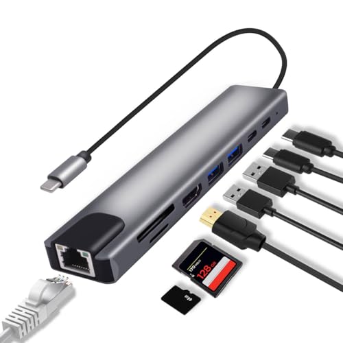 YARCHONN USB C Hub Docking Station 8 in 1 Multiport Adapter Typ C auf RJ45 Ethernet 87W PD Aufladen USB 3.0 USB 2.0 HDMI SD/TF Kartenleser Typ-C Datenanschlüsse für Laptops von YARCHONN