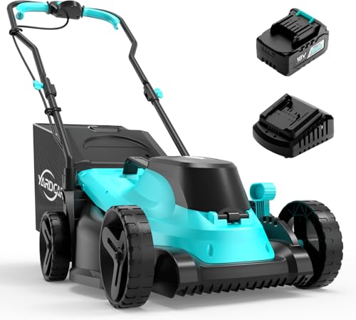 YARDCARE Akku Rasenmäher, LED-Display,Bürstenloser Motor, 3200RPM, bis zu 300㎡ Rasen, 34cm Schnittbreite, 5-stufige Höhenverstellung(25-65 mm), 30L Grasfangkorb, Sichelmäher mit 4.0Ah Akku & Ladegerät von YARDCARE