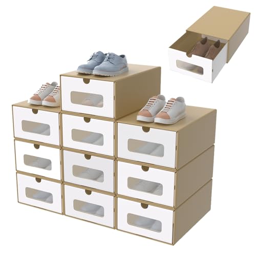 YARDIN 10 Stück Schuhboxen Stapelbar Boxen-Set,Aufbewahrungsbox Schubladen aus Pappe Karton,Schuhkarton Ordnungsboxen mit Transparentes Sichtfensterr,34.5 x 23.5 x 13.5 cm, Braun von YARDIN