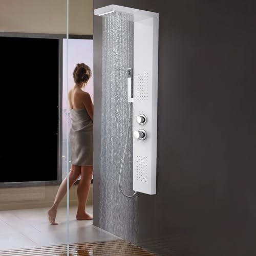 YARDIN 4 in 1 Duschpaneel Duscharmaturen Edelstahl Duschsäule Massagedüsen Regendusche mit Wandhalterung Duschkopf 304 Edelstahl（Weiß-Duschpaneel） von YARDIN