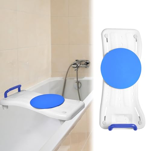 YARDIN Badewannenbrett Badewannensitz Senioren mit 360º Drehscheibe und Blau Griff, Einstellbar Wannensitz PP-Material Sitzbrett für Badewanne mit Seifenablage für Erwachsene bis 150kg von YARDIN