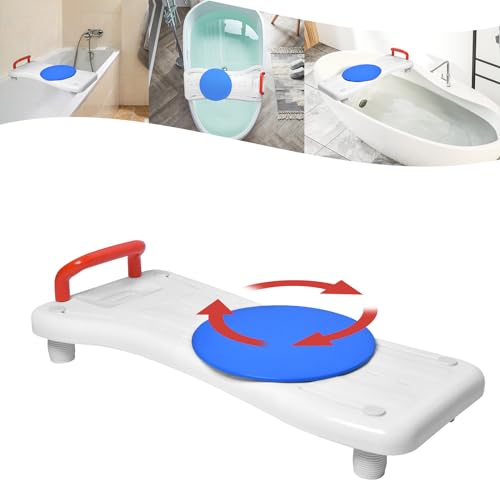 YARDIN Badewannenbrett Badewannensitz Senioren mit 360º Drehscheibe und Rot Griff, Einstellbar Wannensitz PP-Material Sitzbrett für Badewanne mit Seifenablage für Erwachsene bis 150kg von YARDIN