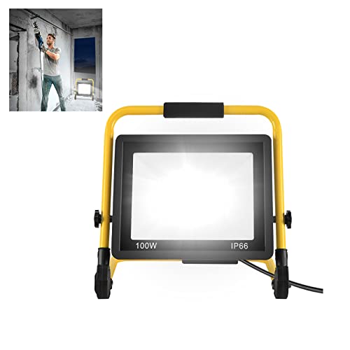 YARDIN Baustrahler LED Baustellen Flutlicht Arbeitsscheinwerfer Baustellenlampe Tragbare Arbeitsleuchte inkl. Standgestell und Netzkabel Wasserdicht IP66 für Garage, Garten, Baustelle (100W Kaltweiß) von YARDIN