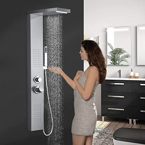 YARDIN Duschpaneel 304 Edelstahl Regendusche mit Wandhalterung Duschkopf Handbrause 4 in 1 Multifunktion mit Thermostat Duschpaneelsystem（Silber-Duschpaneel） von YARDIN