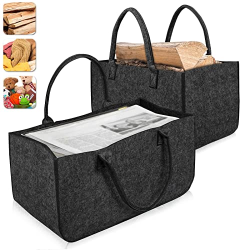 YARDIN Filztaschen 2er Set Kaminholztasche Filz Kaminholzkorb Shopper Einkaufstasche Faltbar Zeitungskorb Zeitungsständer für Kaminholz Zeitungen Holz Büchern (Dunkelgrau) von YARDIN