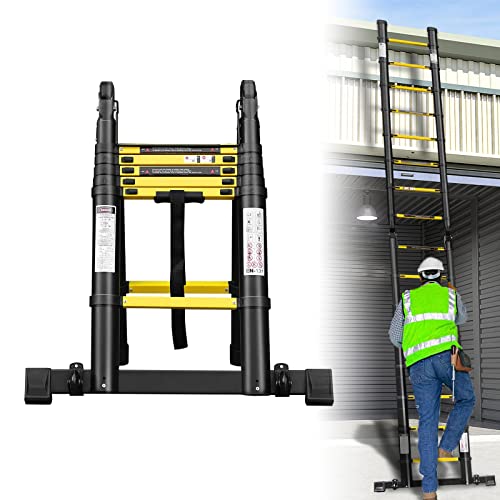 YARDIN Klappbar Teleskopleiter 3,8m(1.9m+1.9m), Aluminium Leiter Ausziehbar, Rutschfester Klappleiter Stehleiter Multifunktionsleiter 150 kg Belastbarkeit, Schwarz Gelb von YARDIN