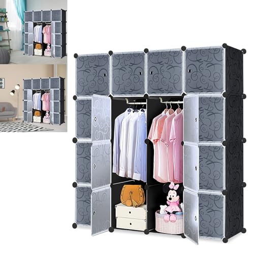 YARDIN Kleiderschrank DIY Plastik Regalsystem 16 Fächer Kunststoff-Garderobe mit Hängefläche 140x140x35cm Garderobenschrank mit Tür (Schwarz mit Muster) von YARDIN