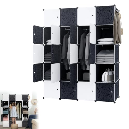 YARDIN Kleiderschrank DIY Plastik Regalsystem 20 Fächer Kunststoff-Garderobe mit Hängefläche 145x37x178cm Garderobenschrank mit Kleiderstange (Schwarz mit Muster) von YARDIN