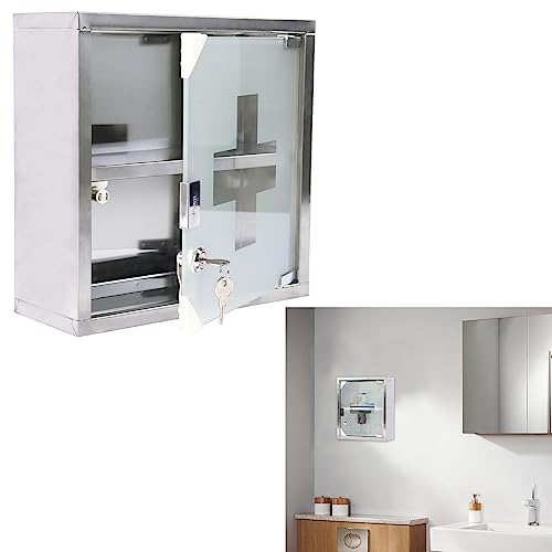 YARDIN Medizinschrank Apothekerschrank Abschließbar mit 2 Fächer, Medikamentenschrank aus Edelstahl Hausapotheke mit Glastür, Arzneischrank Hängend 30 x 12 x 30 cm, Silber von YARDIN