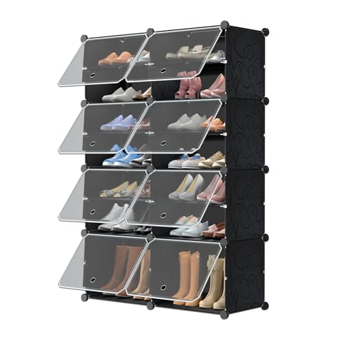 YARDIN Schuhregal Shoe Regalsystem Kunststoff Schuhablage Rechteckiges Würfel 82×32×124CM (BxTxH) mit 16 FÄchern, Schuhständer Rack Schuhregal Schmal Garderobenschrank mit Tür,Schwarz von YARDIN