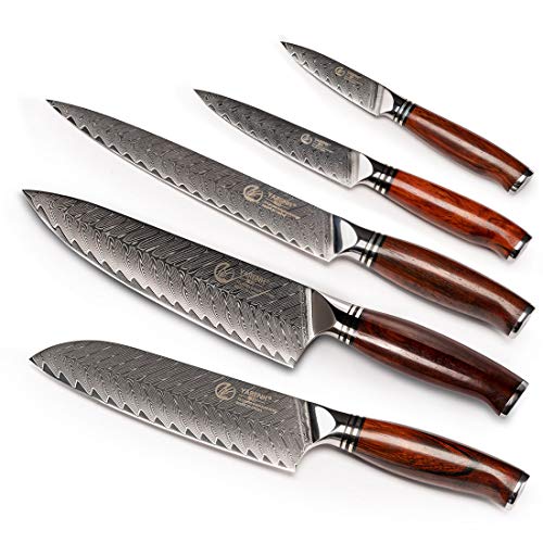 YARENH 5er Damastmesser Set, Scharfes Profi Damast Kochmesser Messerset, 73 Schichten Damaskus Stahl Küchenmesser Set, Ergonomischer Sandelholzgriff, Mit Geschenkbox von YARENH