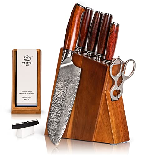 YARENH 8-Teilig Damastmesser Set mit Messerblock, 73 Schichten Damaststahl Küchenmesser Set, Profi Scharf Damast Kochmesser, Ergonomischer Sandelholzgriff, Messerset mit Geschenkbox von YARENH