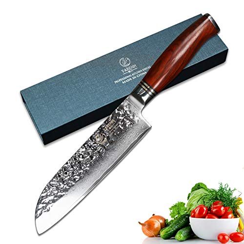 YARENH santoku messer damast 18cm, küchenmesser scharf Aus 73 Schichten Damaststahl,mit Holzgriff, kochmesser damast HTT-Serie von YARENH