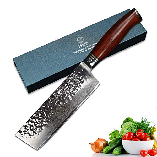 YARENH Nakiri Messer Damast 17cm,Kleines Hackmesser aus 73 Schichten Damaststahl,Griff aus Naturholz, Küchenmesser Scharf Für Haus Und Küche Mit Ergonomischem Griff - HTT Serie von YARENH