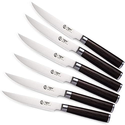 YARENH Steakmesser Set 6 Teilig, Steak Messer aus Deutschem Edelstahl Geschmiedet,Ultrascharfe Gezackte Klinge und Ergonomischer Holzgriff, Tafelmesser mit Geschenkbox, Steakbesteck Set HXZ-Serie von YARENH