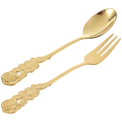 YARNOW 2 stk Blumen Löffel Gabeln Besteck Set Rosen Design Edelstahl Tafelbesteck Teelöffel Golden Dessert Kuchengabel Kaffeelöffel Rührlöffel Löffel von YARNOW