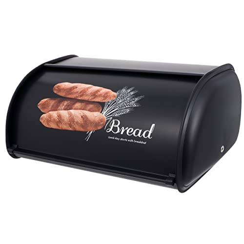 YARNOW Brotkasten Metall Retro Brotbox Brotdose Brotbehälter Brot Aufbewahrung Box Kiste Knäckebrot Kekse Box mit Rolldeckel für Brötchen Backwaren Länger Frisch Schwarz von YARNOW