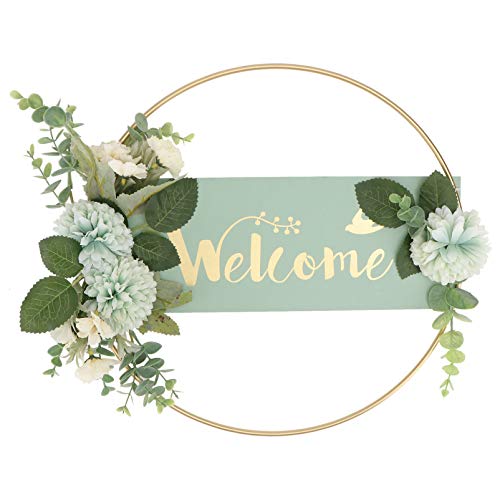 YARNOW Willkommen Schild Welcome Türschild Wandschild Künstliche Eukalyptus Kranz Blume Metallring Kranz Osterdeko Frühling Deko Garten Türhänger Türdeko Buchstaben Begrüßung Wanddeko von YARNOW