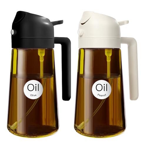 YARRAMATE 2 Stück 470ml Lichtblockierender dunkler Ölsprüher zum Kochen, 2-in-1 UV Schutz ölzerstäuber für die Küche, Bernstein Glasölflasche Sprühflasche für Heißluftfritteuse(Schwarz&Weiß) von YARRAMATE