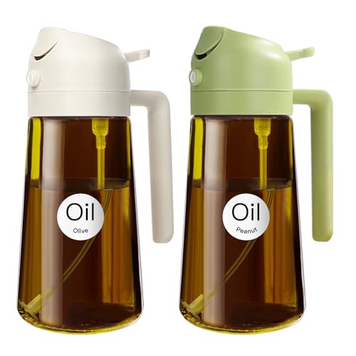 YARRAMATE 2 Stück 470ml Lichtblockierender dunkler Ölsprüher zum Kochen, 2-in-1 UV Schutz ölzerstäuber für die Küche, Bernstein Glasölflasche Sprühflasche für Heißluftfritteuse (Weiß&Grün) von YARRAMATE