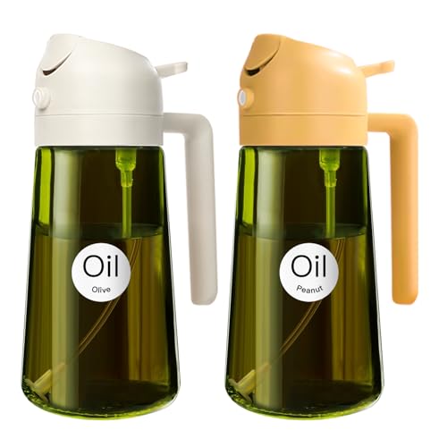 YARRAMATE 2 Stück 470ml Lichtblockierender dunkler Ölsprüher zum Kochen, 2-in-1 UV Schutz ölzerstäuber für die Küche, Grün Glasölflasche Sprühflasche für Heißluftfritteuse (Weiß&Orange) von YARRAMATE
