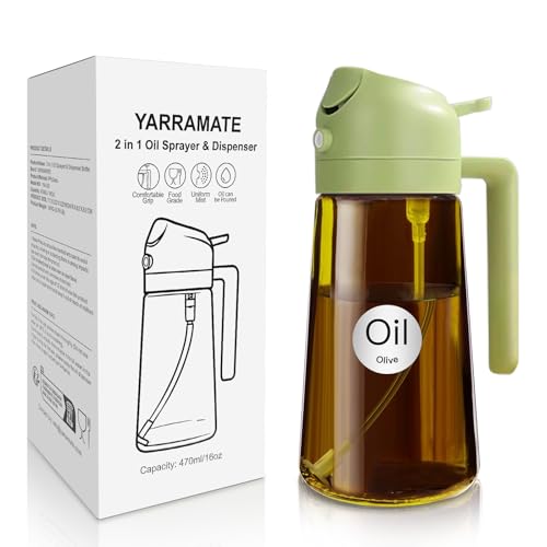 YARRAMATE 470ml lichtblockierender dunkler Ölsprüher zum Kochen, 2-in-1 UV Schutz ölzerstäuber für die Küche, Bernstein Glasölflasche, Lebensmittelechter Sprühflasche für die BBQ (Grün) von YARRAMATE