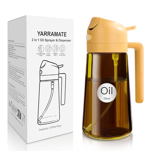 YARRAMATE 470ml lichtblockierender dunkler Ölsprüher zum Kochen, 2-in-1 UV Schutz ölzerstäuber für die Küche, Bernstein Glasölflasche, Lebensmittelechter Sprühflasche für die BBQ (Orange) von YARRAMATE