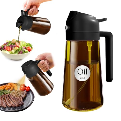 YARRAMATE 470ml lichtblockierender dunkler Ölsprüher zum Kochen, 2-in-1 UV Schutz ölzerstäuber für die Küche, Bernstein Glasölflasche Lebensmittelechter Sprühflasche für Heißluftfritteuse (Schwarz) von YARRAMATE