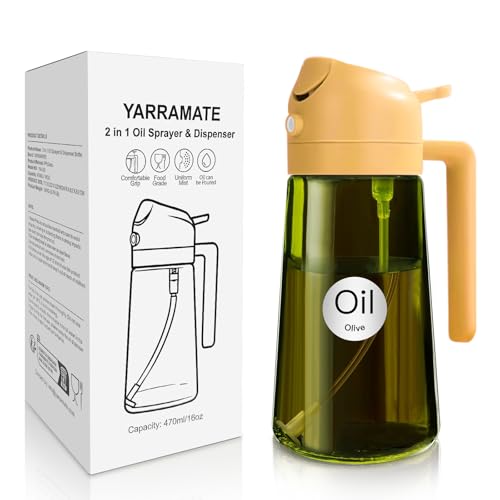 YARRAMATE 470ml lichtblockierender dunkler Ölsprüher zum Kochen, 2-in-1 UV Schutz ölzerstäuber für die Küche, hochwertige grüne Glasölflasche, lebensmittelechter Sprühflasche für die BBQ(Orange) von YARRAMATE