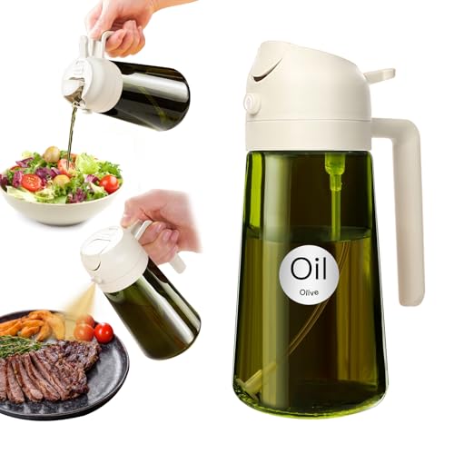 YARRAMATE 470ml lichtblockierender dunkler Ölsprüher zum Kochen, 2-in-1 UV Schutz ölzerstäuber für die Küche, hochwertige grüne Glasölflasche, lebensmittelechter Sprühflasche für die BBQ (Weiß) von YARRAMATE