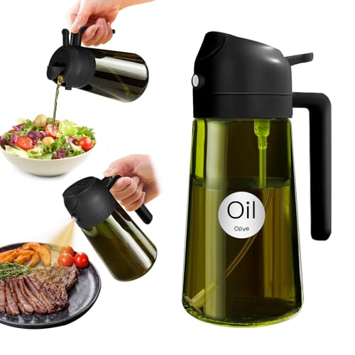 YARRAMATE 470ml lichtblockierender dunkler Ölsprüher zum Kochen, 2-in-1 UV Schutz ölzerstäuber für die Küche, hochwertige grüne Glasölflasche, lebensmittelechter Sprühflasche für die BBQ (Schwarz) von YARRAMATE