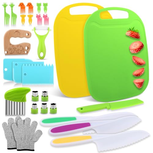 28 Stück Kindermesser, Kinder Sicherheit Küchenmesser Set mit Schneidebrett, Wellenschneider, Schäler und Gemüsemesser, Zum Schneiden Von Obst und Gemüse,Montessori Messer für Kinder ab 2Jahren von YARVPUV