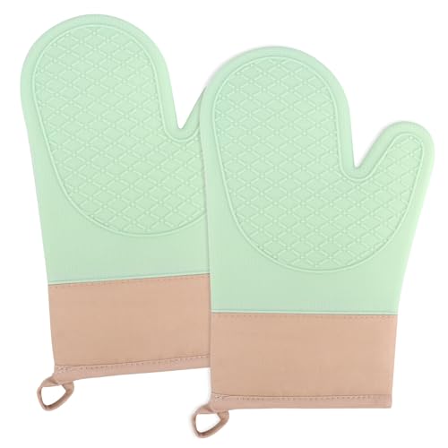 Ofenhandschuhe,2PCS Topflappen Silikon, Backofen Handschuhe eine Anti- Rutsch Oberfläche,die Innenseite ist aus Baumwolle, Handschuhe der Küche,Grün Oven Mitts von YARVPUV