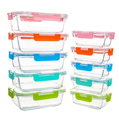 YARYOUNG 10 er Set Glas Frischhaltedosen, Glasbehälter mit Deckel, BPA-Frei, Geeignet für Mikrowelle, Gefrierschrank und Spülmaschine von YARYOUNG